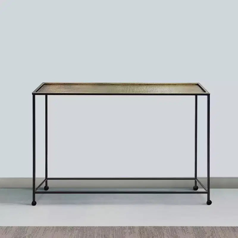 Table console et de canapé Royal Hampton 48 po, plateau en bronze antique martelé artisanal, cadre en fer noir de style industriel