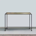 Table console et de canapé Royal Hampton 48 po, plateau en bronze antique martelé artisanal, cadre en fer noir de style industriel