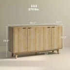 Buffet de salle à manger cannelé, buffet de bar à café de 55" avec 4 portes, 2 étagères réglables, 5 pieds en bois