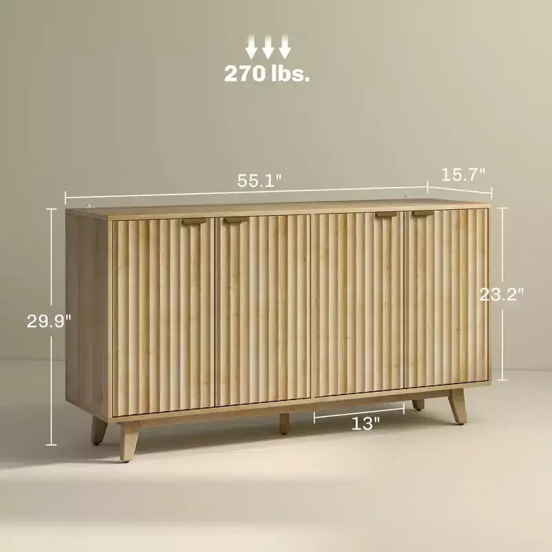 Buffet de salle à manger cannelé, buffet de bar à café de 55" avec 4 portes, 2 étagères réglables, 5 pieds en bois