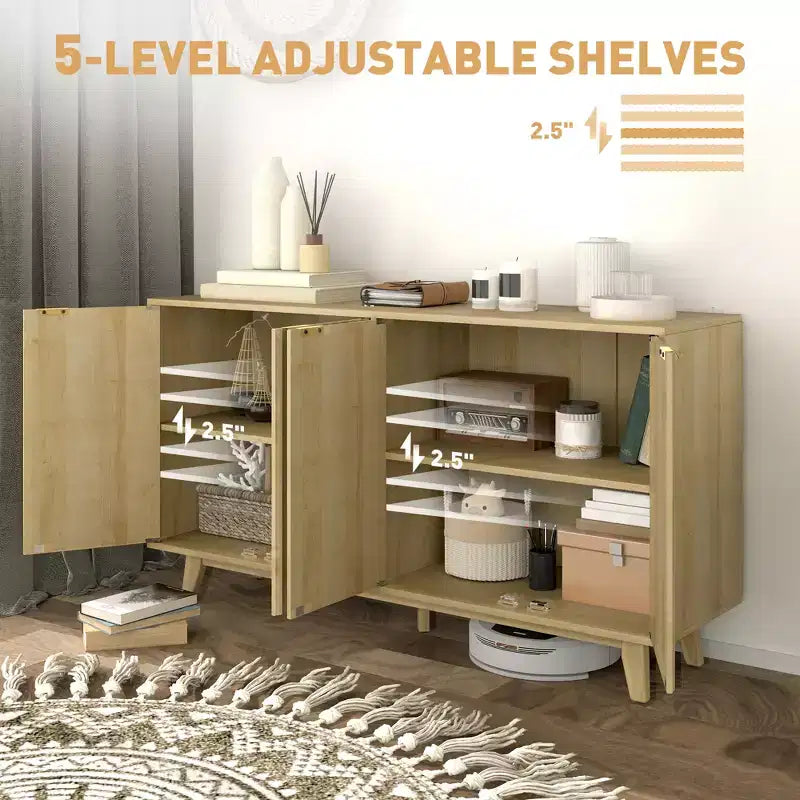 Buffet de salle à manger cannelé, buffet de bar à café de 55" avec 4 portes, 2 étagères réglables, 5 pieds en bois