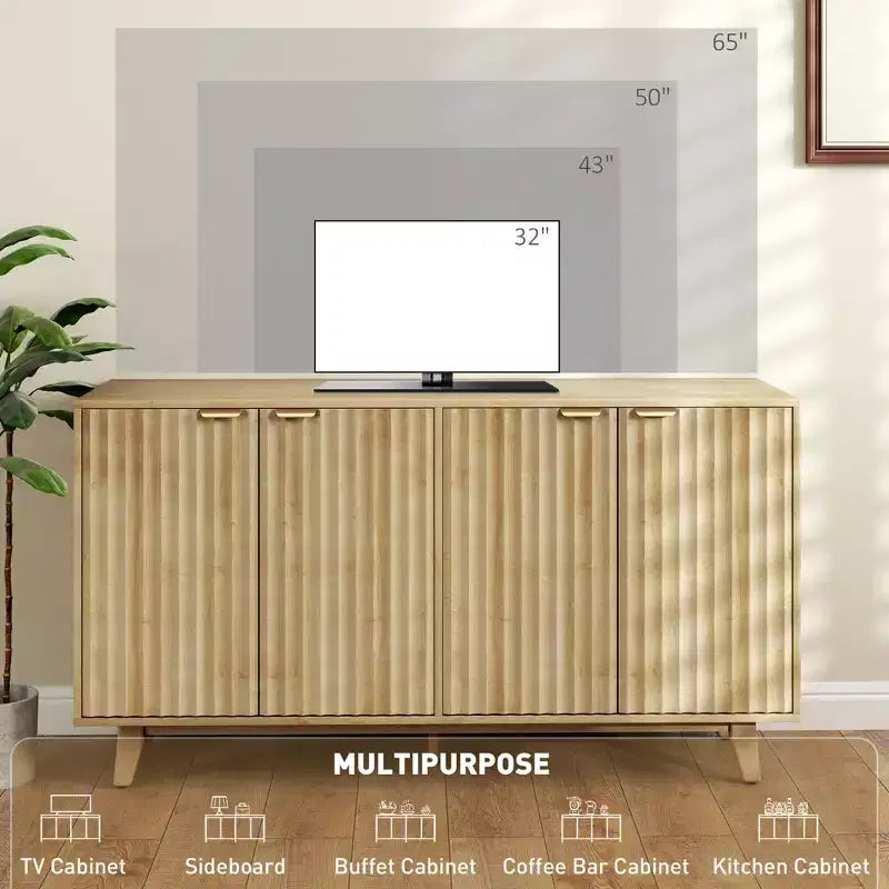 Buffet de salle à manger cannelé, buffet de bar à café de 55" avec 4 portes, 2 étagères réglables, 5 pieds en bois