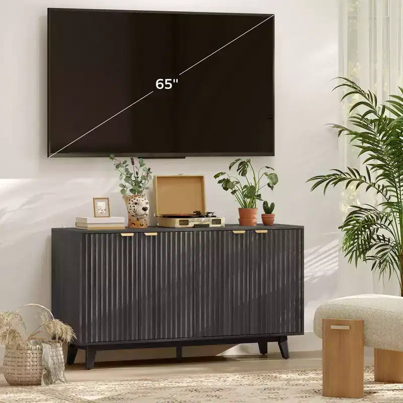 Buffet de salle à manger cannelé, buffet de bar à café de 55" avec 4 portes, 2 étagères réglables, 5 pieds en bois