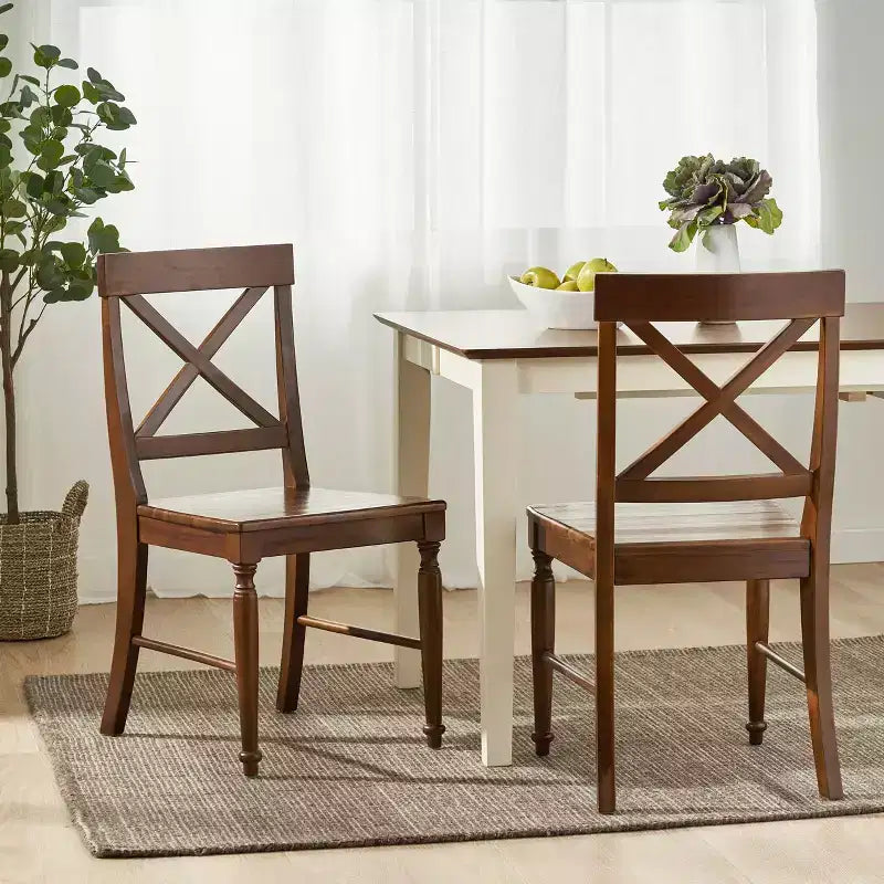 Lot de 2 chaises de salle à manger sans accoudoirs Okak en bois d'acacia de style Mid-Century avec dossier en X, chaises d'appoint de style rustique pour salle à manger, restaurant