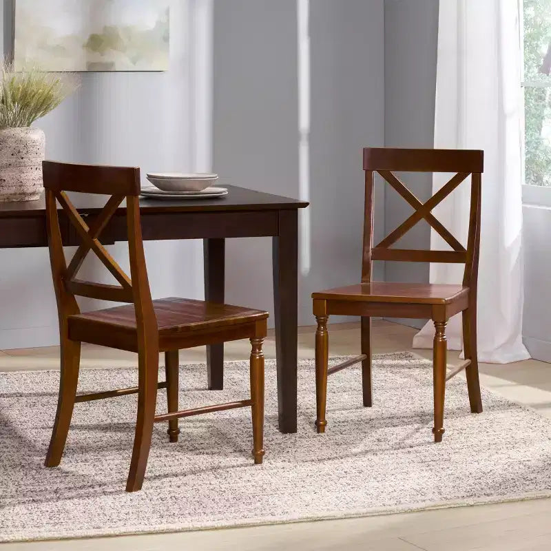 Lot de 2 chaises de salle à manger sans accoudoirs Okak en bois d'acacia de style Mid-Century avec dossier en X, chaises d'appoint de style rustique pour salle à manger, restaurant