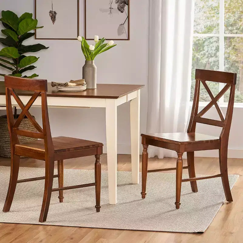Lot de 2 chaises de salle à manger sans accoudoirs Okak en bois d'acacia de style Mid-Century avec dossier en X, chaises d'appoint de style rustique pour salle à manger, restaurant