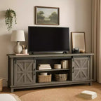 Meuble TV de style ferme pour téléviseur de 75 pouces, meuble de divertissement en bois avec rangement et portes de grange, console TV avec étagère réglable