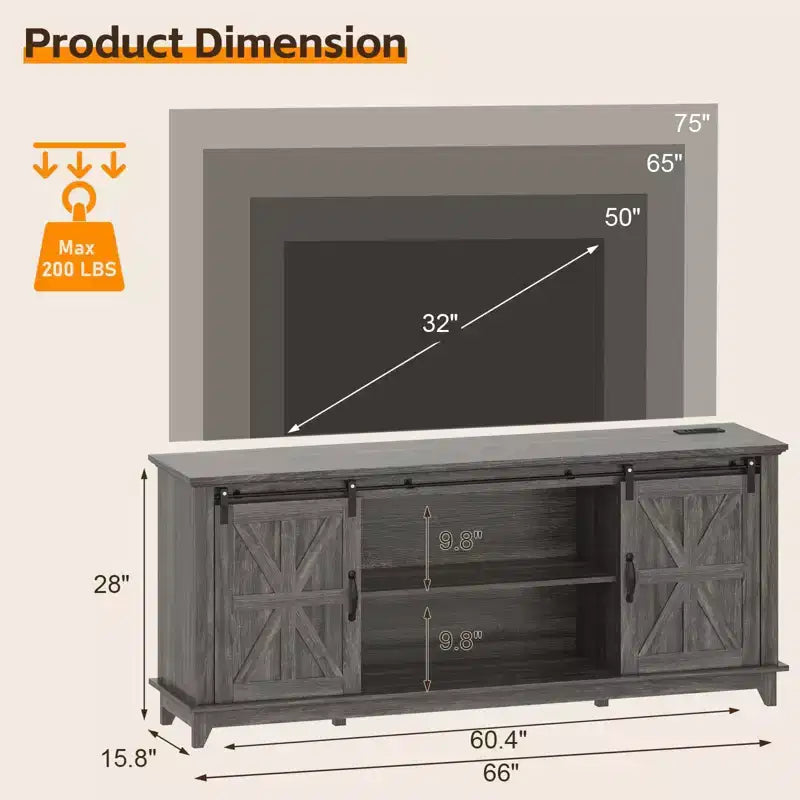 Meuble TV de style ferme pour téléviseur de 75 pouces, meuble de divertissement en bois avec rangement et portes de grange, console TV avec étagère réglable