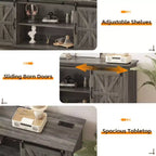 Meuble TV de style ferme pour téléviseur de 75 pouces, meuble de divertissement en bois avec rangement et portes de grange, console TV avec étagère réglable