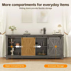 Meuble TV de style ferme pour téléviseur de 75 pouces, meuble de divertissement en bois avec rangement et portes de grange, console TV avec étagère réglable