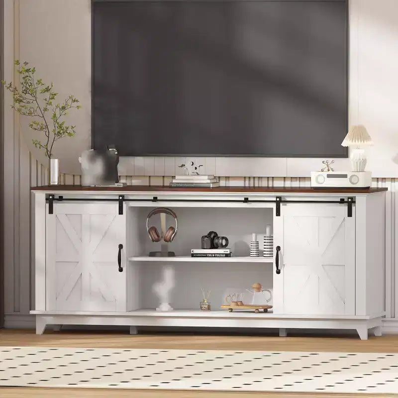 Meuble TV de style ferme pour téléviseur de 75 pouces, meuble de divertissement en bois avec rangement et portes de grange, console TV avec étagère réglable