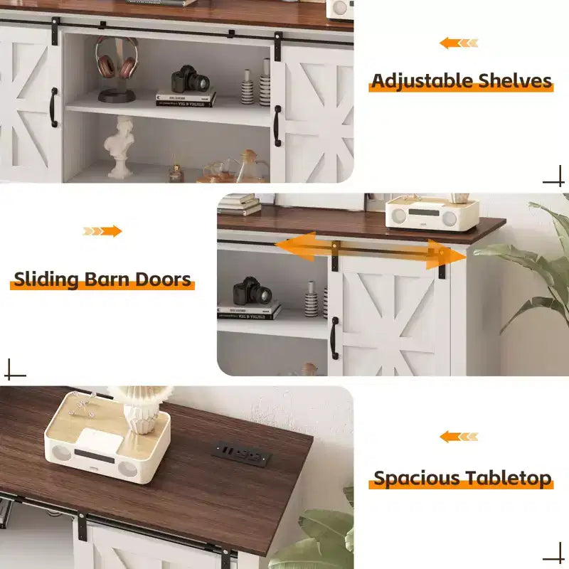 Meuble TV de style ferme pour téléviseur de 75 pouces, meuble de divertissement en bois avec rangement et portes de grange, console TV avec étagère réglable