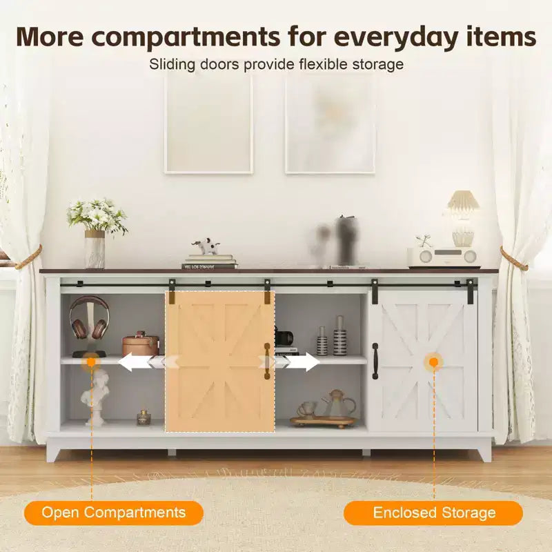 Meuble TV de style ferme pour téléviseur de 75 pouces, meuble de divertissement en bois avec rangement et portes de grange, console TV avec étagère réglable