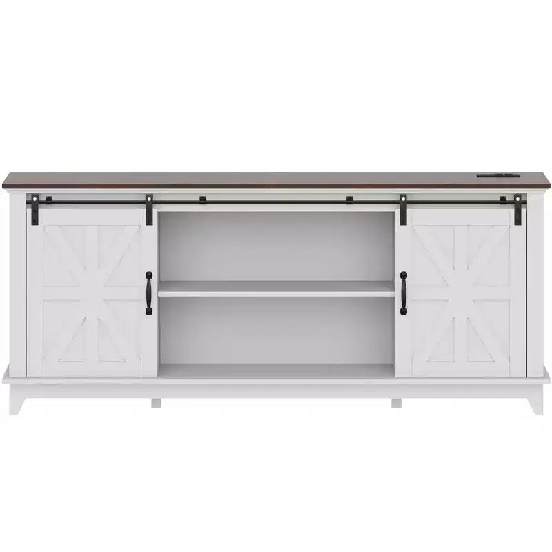 Meuble TV de style ferme pour téléviseur de 75 pouces, meuble de divertissement en bois avec rangement et portes de grange, console TV avec étagère réglable