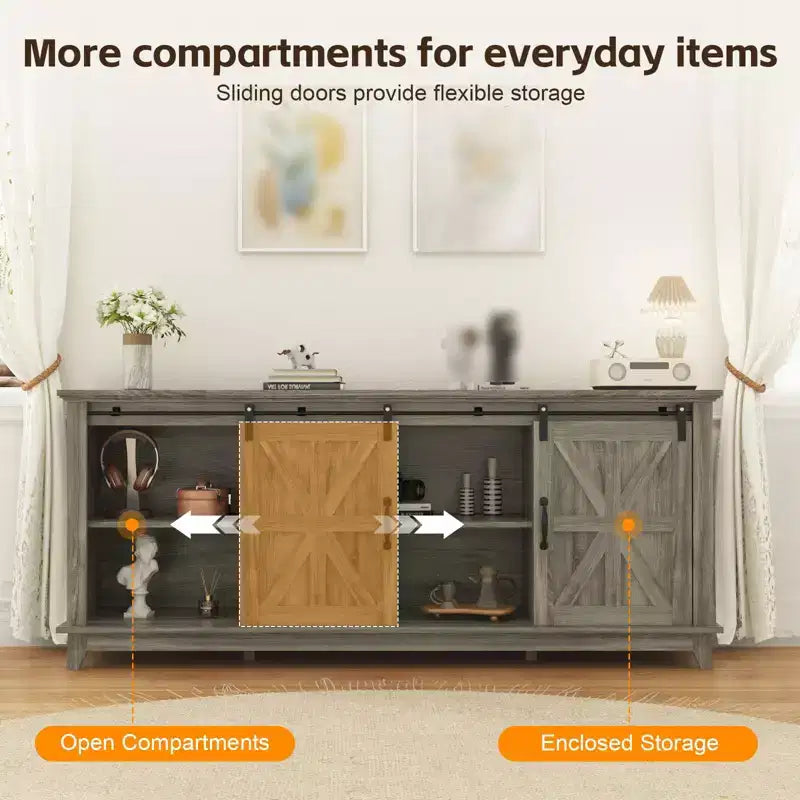 Meuble TV de style ferme pour téléviseur de 75 pouces, meuble de divertissement en bois avec rangement et portes de grange, console TV avec étagère réglable