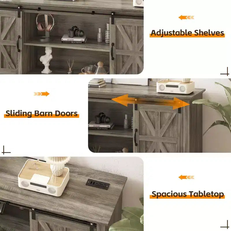 Meuble TV de style ferme pour téléviseur de 75 pouces, meuble de divertissement en bois avec rangement et portes de grange, console TV avec étagère réglable