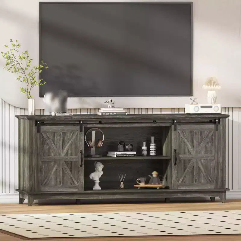 Meuble TV de style ferme pour téléviseur de 75 pouces, meuble de divertissement en bois avec rangement et portes de grange, console TV avec étagère réglable