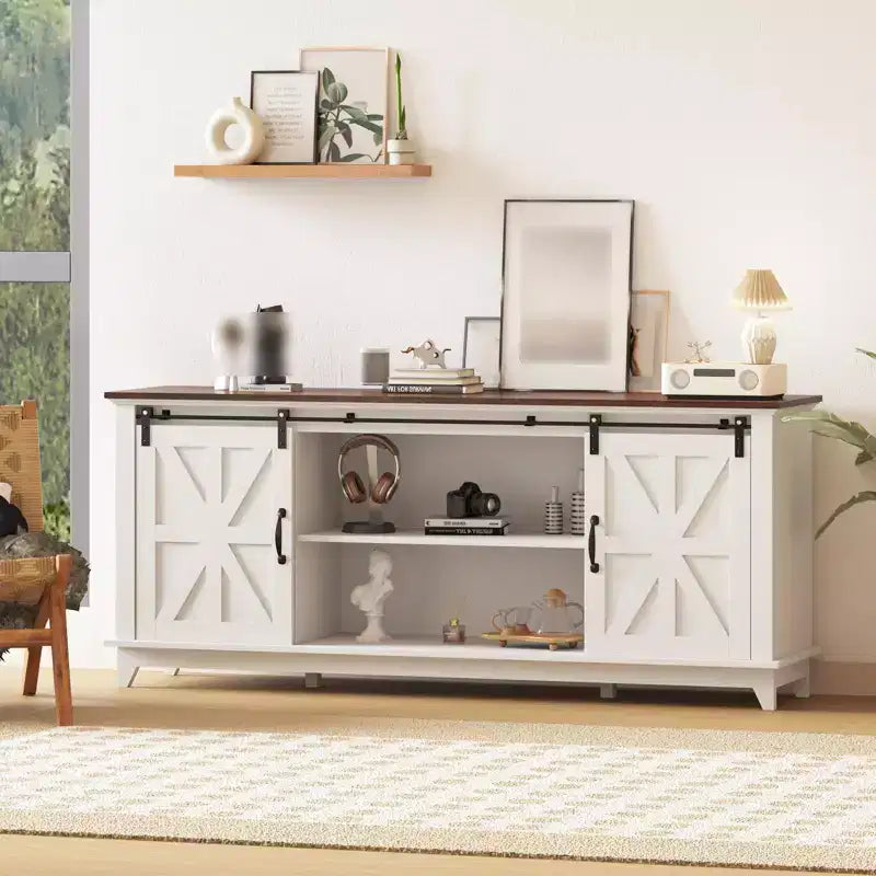 Meuble TV de style ferme pour téléviseur de 75 pouces, meuble de divertissement en bois avec rangement et portes de grange, console TV avec étagère réglable