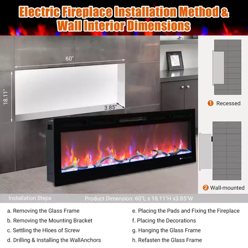 Cheminée électrique CuisinSmart 60 pouces, insert de cheminée encastrable avec télécommande, 12 couleurs de flamme, 1500 W, 5120 BTU, écran tactile et contrôle via application