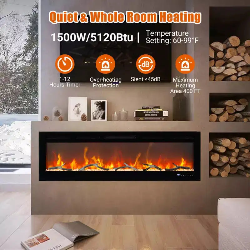 Cheminée électrique CuisinSmart 60 pouces, insert de cheminée encastrable avec télécommande, 12 couleurs de flamme, 1500 W, 5120 BTU, écran tactile et contrôle via application
