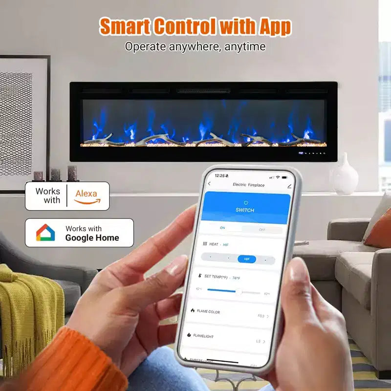 Cheminée électrique CuisinSmart 60 pouces, insert de cheminée encastrable avec télécommande, 12 couleurs de flamme, 1500 W, 5120 BTU, écran tactile et contrôle via application
