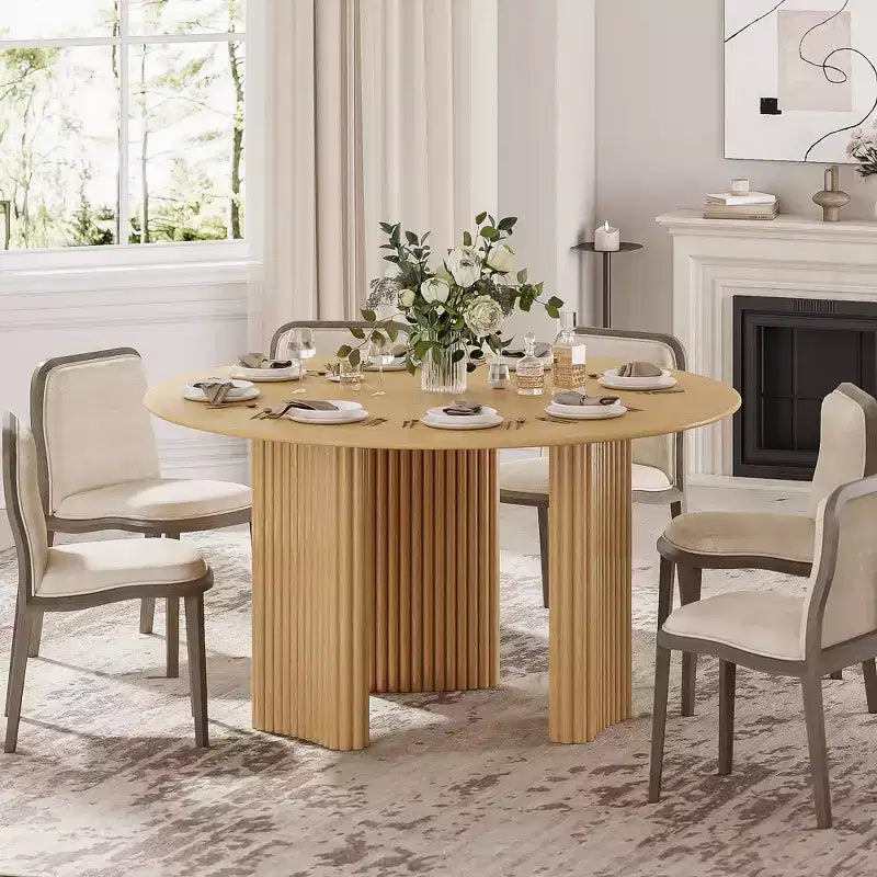 PexFix 52 Table à manger ronde moderne avec pieds colonnes rayés Table de cuisine en bois massif Patins anti-rayures pour salle à manger et bar de cuisine en naturel