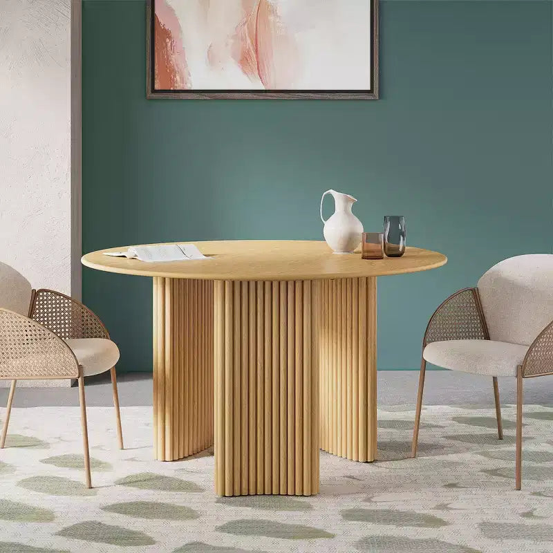 PexFix 52 Table à manger ronde moderne avec pieds colonnes rayés Table de cuisine en bois massif Patins anti-rayures pour salle à manger et bar de cuisine en naturel
