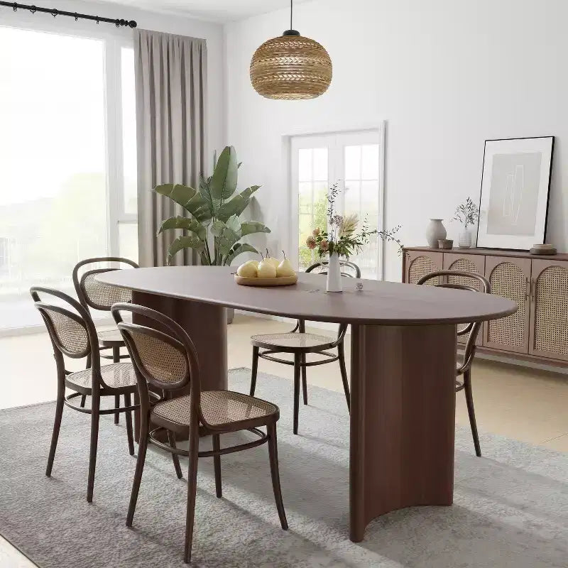 PexFix 67 Table de salle à manger ovale en bois de style ferme pour 4 à 6 personnes, avec plateau à bord arqué et base incurvée, pour salon/salle à manger, en noyer