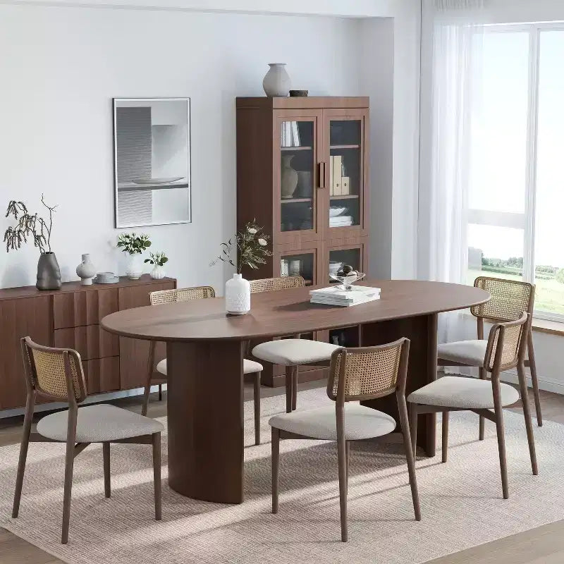 PexFix 67 Table de salle à manger ovale en bois de style ferme pour 4 à 6 personnes, avec plateau à bord arqué et base incurvée, pour salon/salle à manger, en noyer