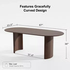 PexFix 67 Table de salle à manger ovale en bois de style ferme pour 4 à 6 personnes, avec plateau à bord arqué et base incurvée, pour salon/salle à manger, en noyer
