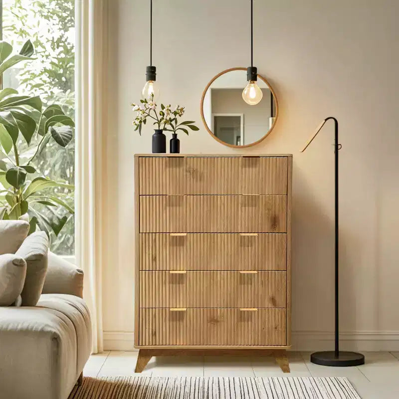 Commode moderne, commode à tiroirs à motif ondulé, commode à cinq tiroirs rainurés, adaptée aux chambres, aux salons et aux couloirs.