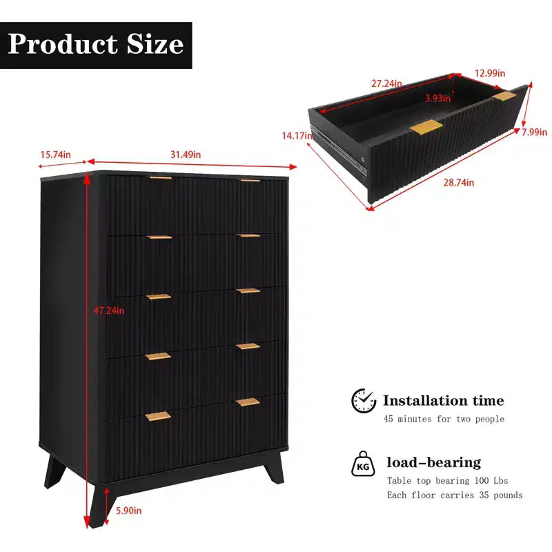 Commode moderne, commode à tiroirs à motif ondulé, commode à cinq tiroirs rainurés, adaptée aux chambres, aux salons et aux couloirs.