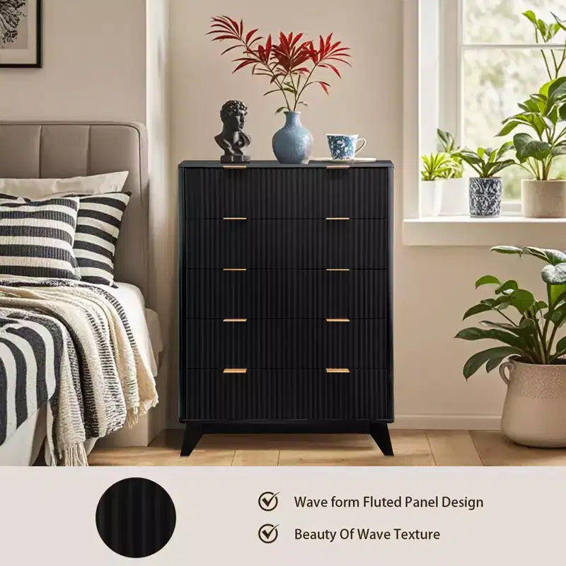 Commode moderne, commode à tiroirs à motif ondulé, commode à cinq tiroirs rainurés, adaptée aux chambres, aux salons et aux couloirs.