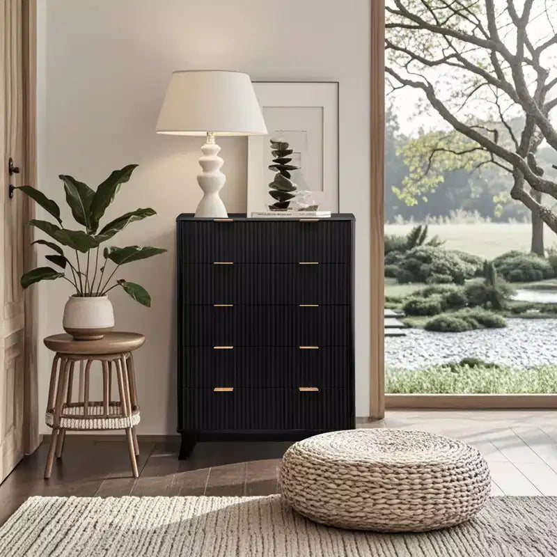 Commode moderne, commode à tiroirs à motif ondulé, commode à cinq tiroirs rainurés, adaptée aux chambres, aux salons et aux couloirs.