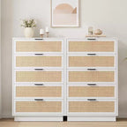Commode antique en rotin blanc à 5 tiroirs, commode haute de 118,6 cm avec poignées en métal pour chambre à coucher, salon ou chambre d'enfant