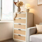 Commode antique en rotin blanc à 5 tiroirs, commode haute de 118,6 cm avec poignées en métal pour chambre à coucher, salon ou chambre d'enfant