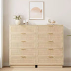 Commode antique en rotin blanc à 5 tiroirs, commode haute de 118,6 cm avec poignées en métal pour chambre à coucher, salon ou chambre d'enfant