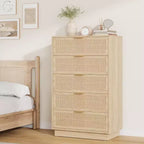 Commode antique en rotin blanc à 5 tiroirs, commode haute de 118,6 cm avec poignées en métal pour chambre à coucher, salon ou chambre d'enfant