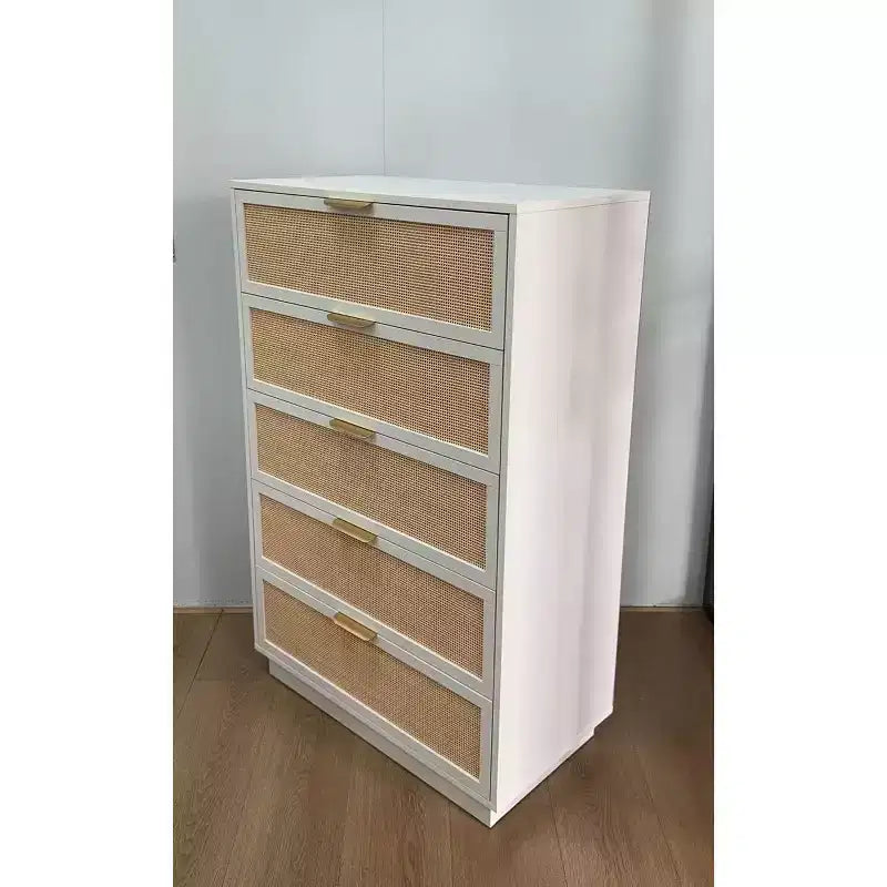 Antique White Rattan 5-Drawer Dresser, 46.7 Tall Chest with Metal Handles for Bedroom, Living Room, or Nursery Storage