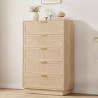 Commode antique en rotin blanc à 5 tiroirs, commode haute de 118,6 cm avec poignées en métal pour chambre à coucher, salon ou chambre d'enfant