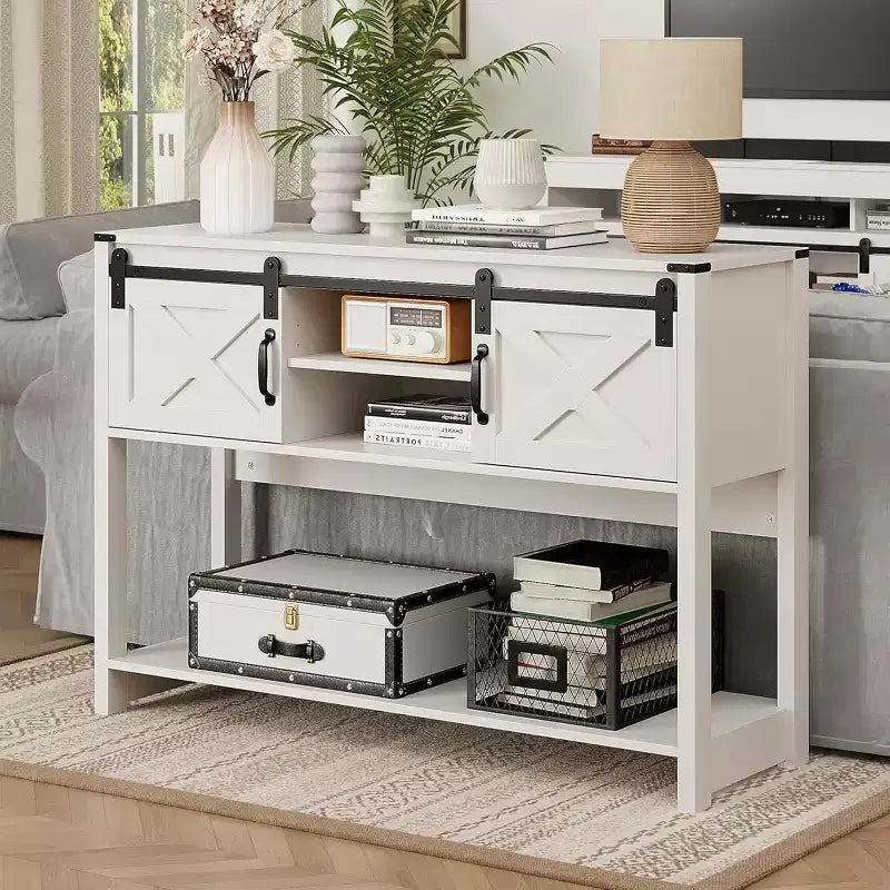 Heynemo Console Table avec étagère de rangement et porte coulissante style grange, Table d'entrée de ferme avec rangement, Console étroite et longue de 46 pouces, Tables console