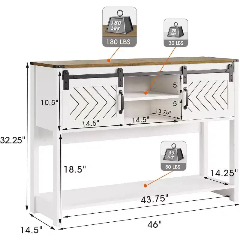 Heynemo Console Table avec étagère de rangement et porte coulissante style grange, Table d'entrée de ferme avec rangement, Console étroite et longue de 46 pouces, Tables console