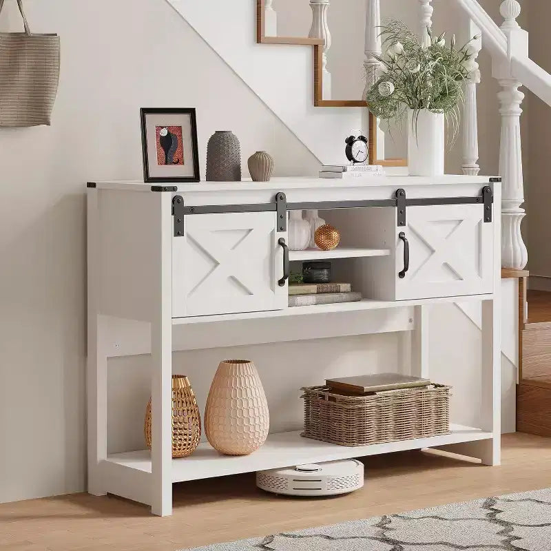 Heynemo Console Table avec étagère de rangement et porte coulissante style grange, Table d'entrée de ferme avec rangement, Console étroite et longue de 46 pouces, Tables console
