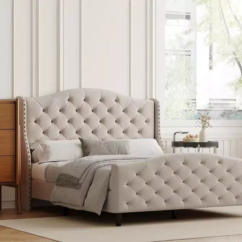 Cadre de lit plateforme Queen Size, tête de lit rembourrée en velours avec garniture cloutée, support à lattes en bois, pas besoin de sommier tapissier, montage facile, silencieux