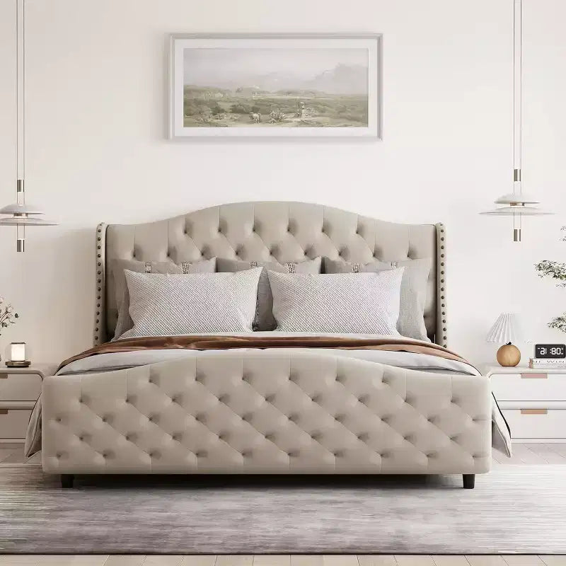 Cadre de lit plateforme Queen Size, tête de lit rembourrée en velours avec garniture cloutée, support à lattes en bois, pas besoin de sommier tapissier, montage facile, silencieux