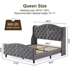 Cadre de lit plateforme Queen Size, tête de lit rembourrée en velours avec garniture cloutée, support à lattes en bois, pas besoin de sommier tapissier, montage facile, silencieux