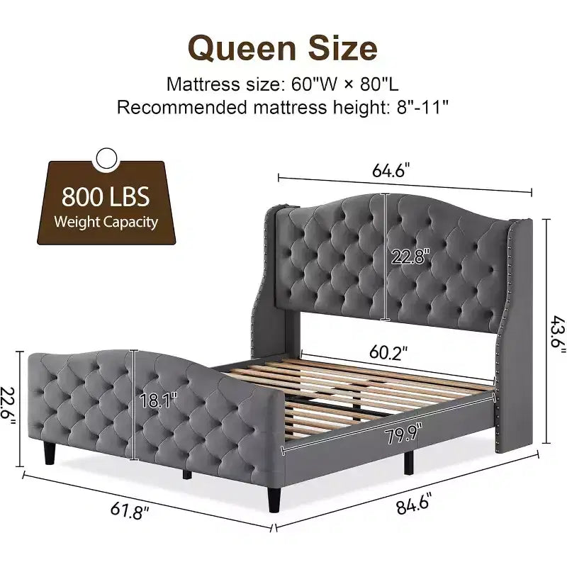 Cadre de lit plateforme Queen Size, tête de lit rembourrée en velours avec garniture cloutée, support à lattes en bois, pas besoin de sommier tapissier, montage facile, silencieux
