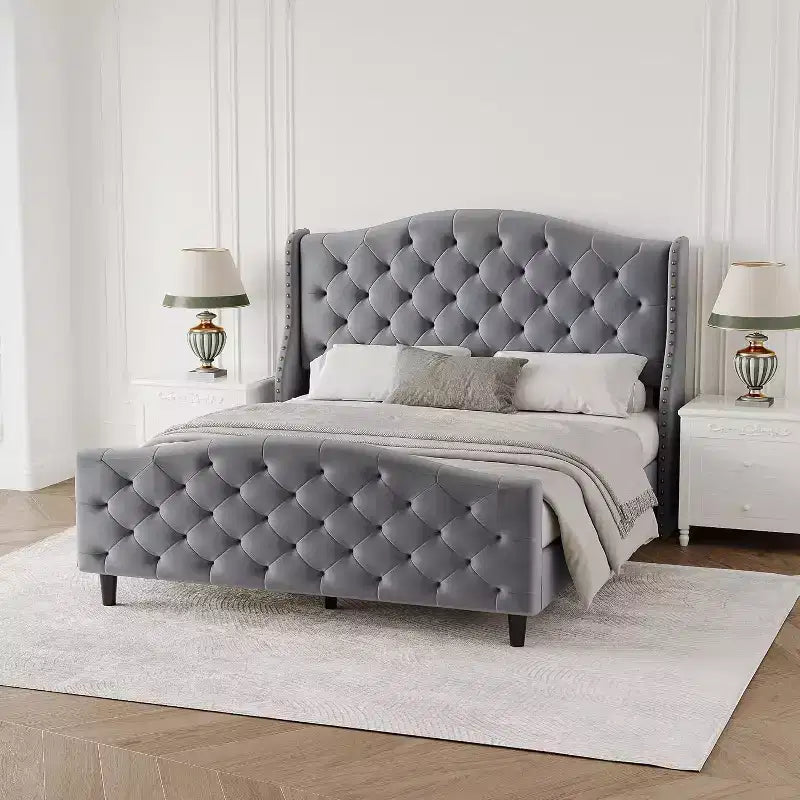 Cadre de lit plateforme Queen Size, tête de lit rembourrée en velours avec garniture cloutée, support à lattes en bois, pas besoin de sommier tapissier, montage facile, silencieux