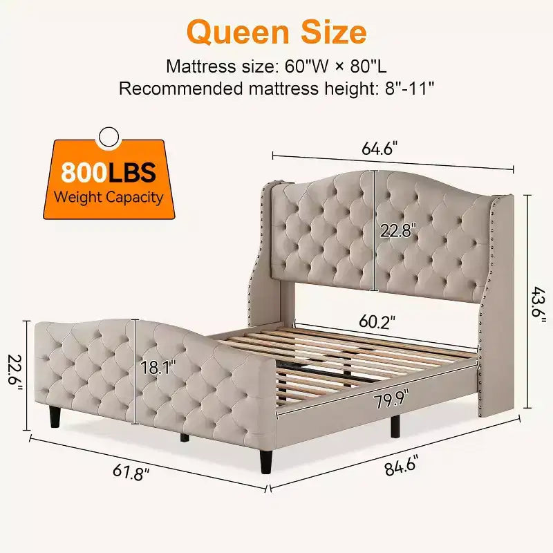 Cadre de lit plateforme Queen Size, tête de lit rembourrée en velours avec garniture cloutée, support à lattes en bois, pas besoin de sommier tapissier, montage facile, silencieux