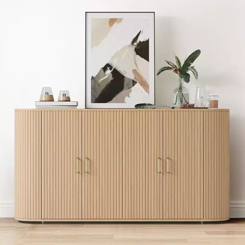 Buffet de salle à manger moderne 63" avec façades cannelées, crédence à bords arrondis et étagères réglables, meuble console de rangement pour salle à manger, chêne